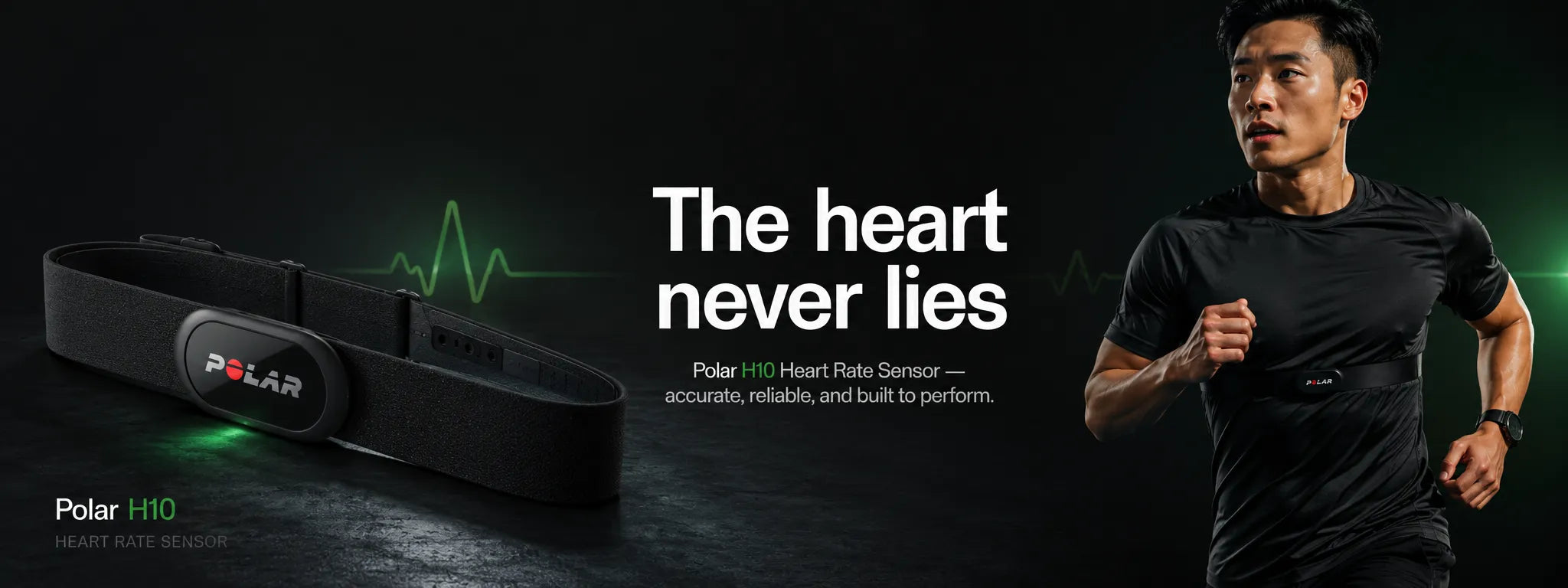 Heart rate sensor strap displayed next to a man running a time trial | Polar Philippines