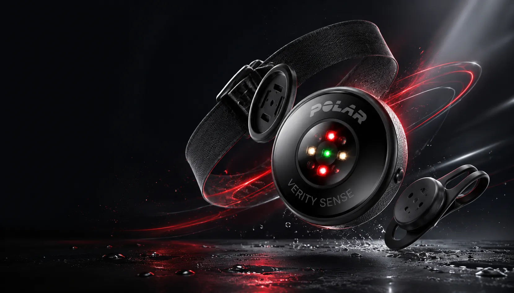 Armband heart rate sensor pod and goggle clip shown with dynamic red light streaks | Polar Philippines