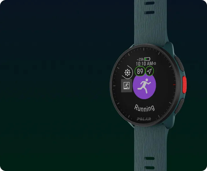 Smartwatch displaying a running app screen against a dark green background | Polar Philippines