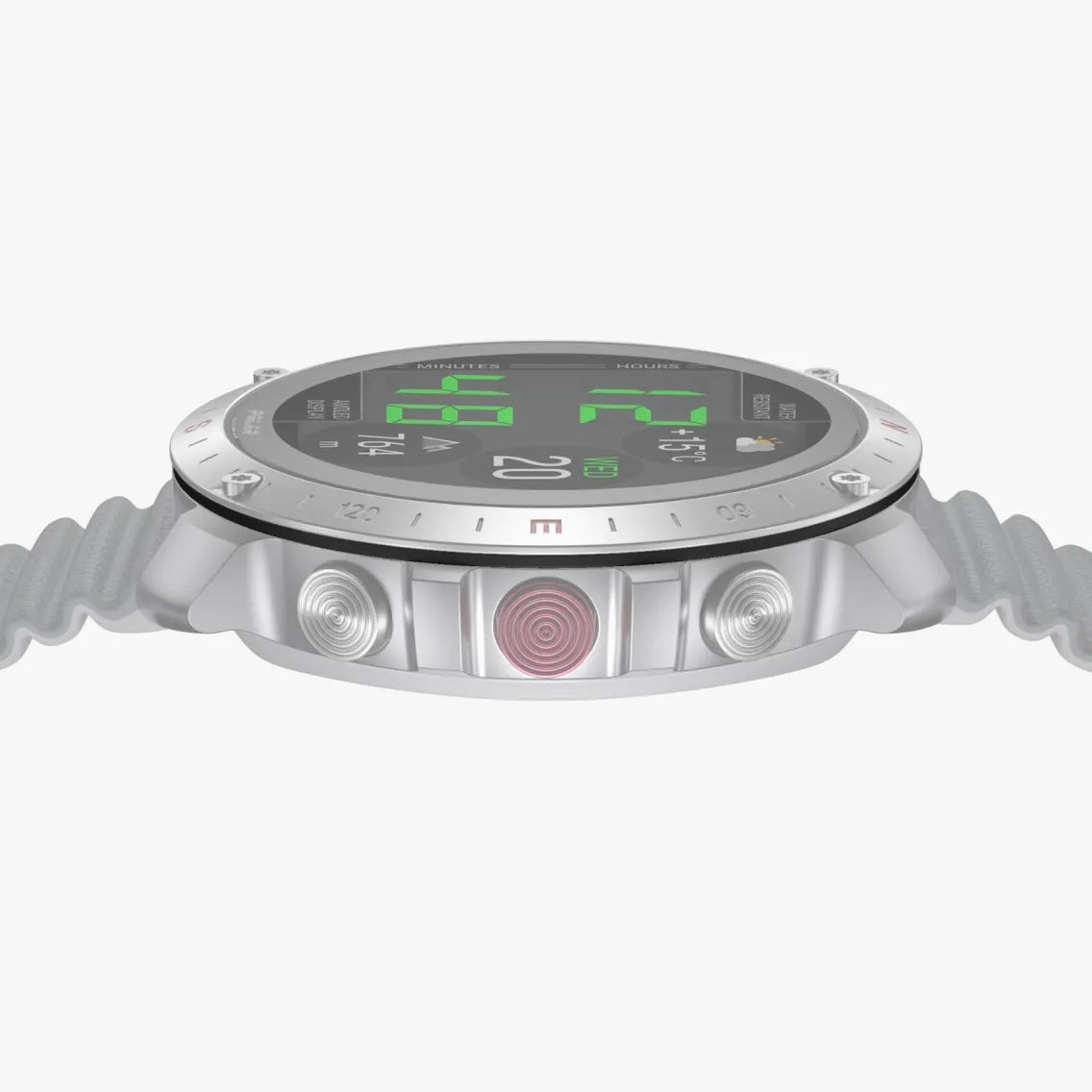 Side profile of a silver smart watch with textured physical buttons | Polar Philippines