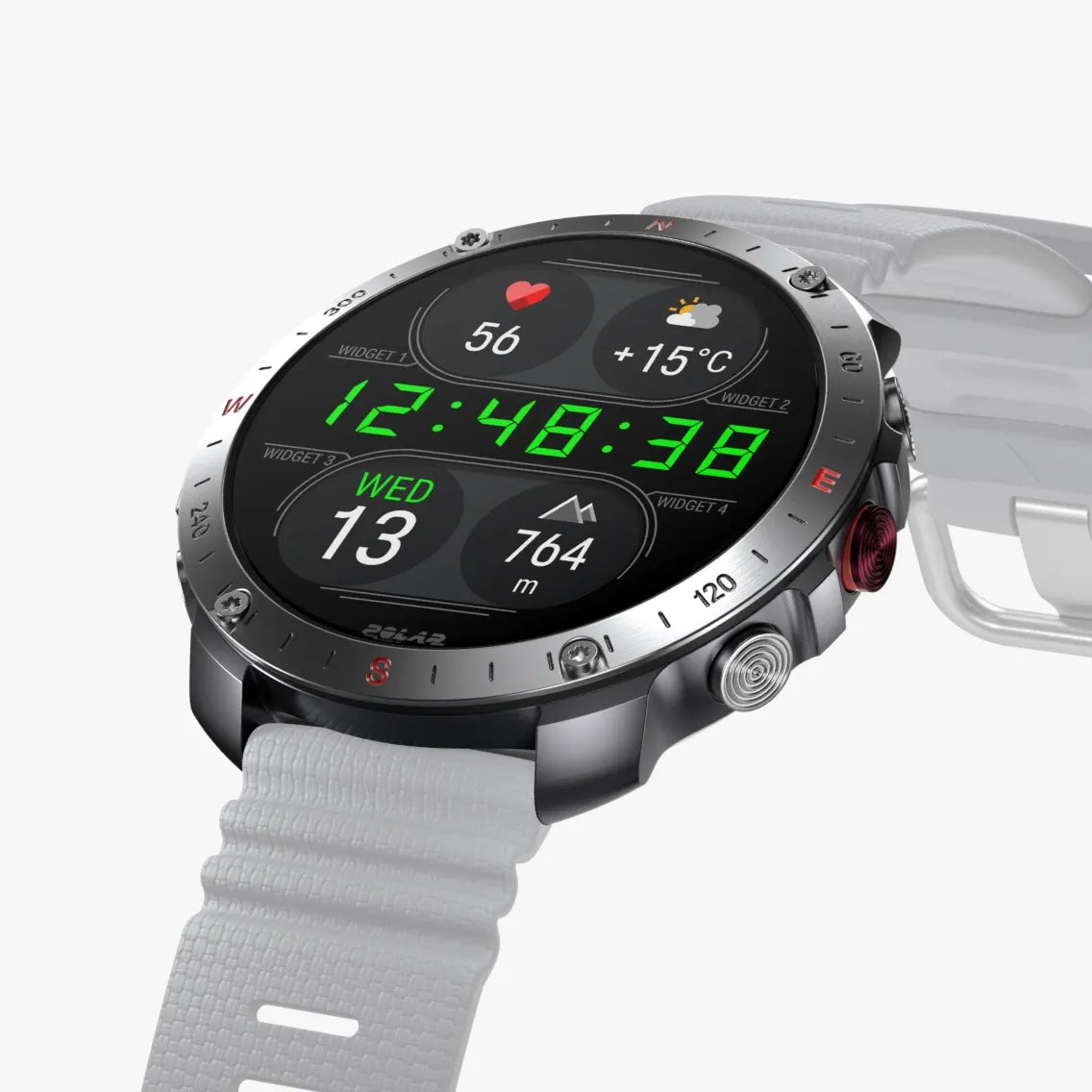 Silver fitness watch with white textured strap and green digital clock | Polar Philippines