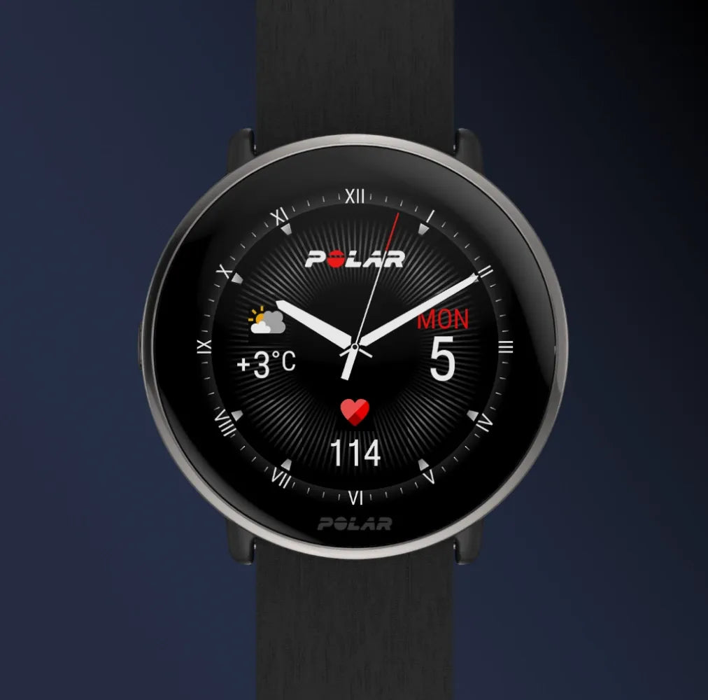 Front view of a smartwatch with analog display and health metrics | Polar Philippines