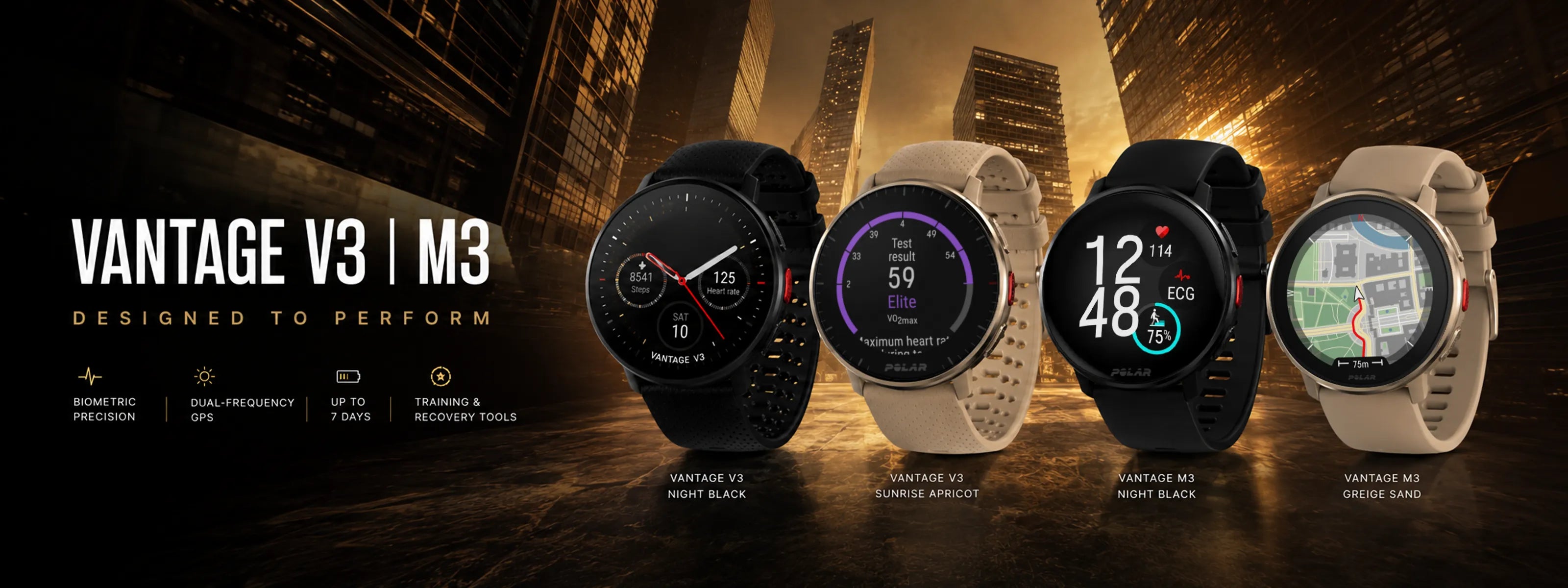 Four smartwatches displayed against a dark urban-themed background | Polar Philippines