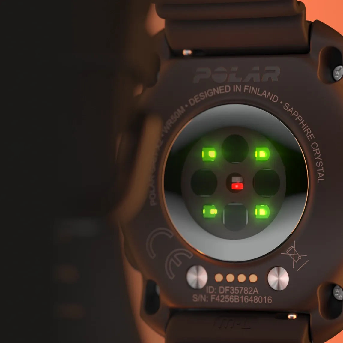 Close up of optical heart rate sensors glowing green on a fitness tracker | Polar Philippines