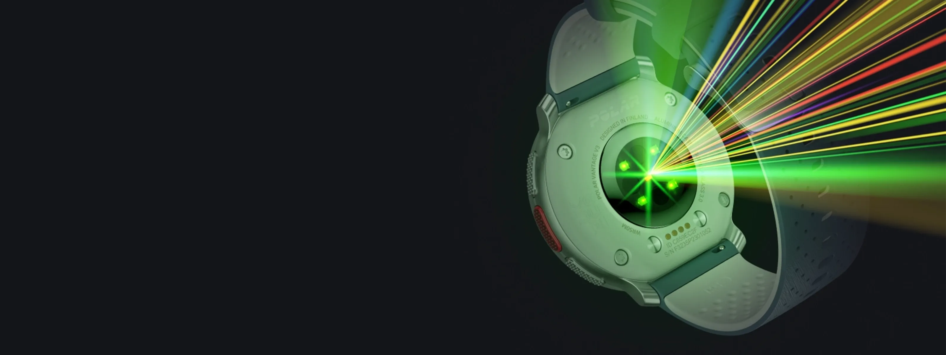 Back view of smartwatch with glowing sensor lights and colorful beam effect | Polar Philippines