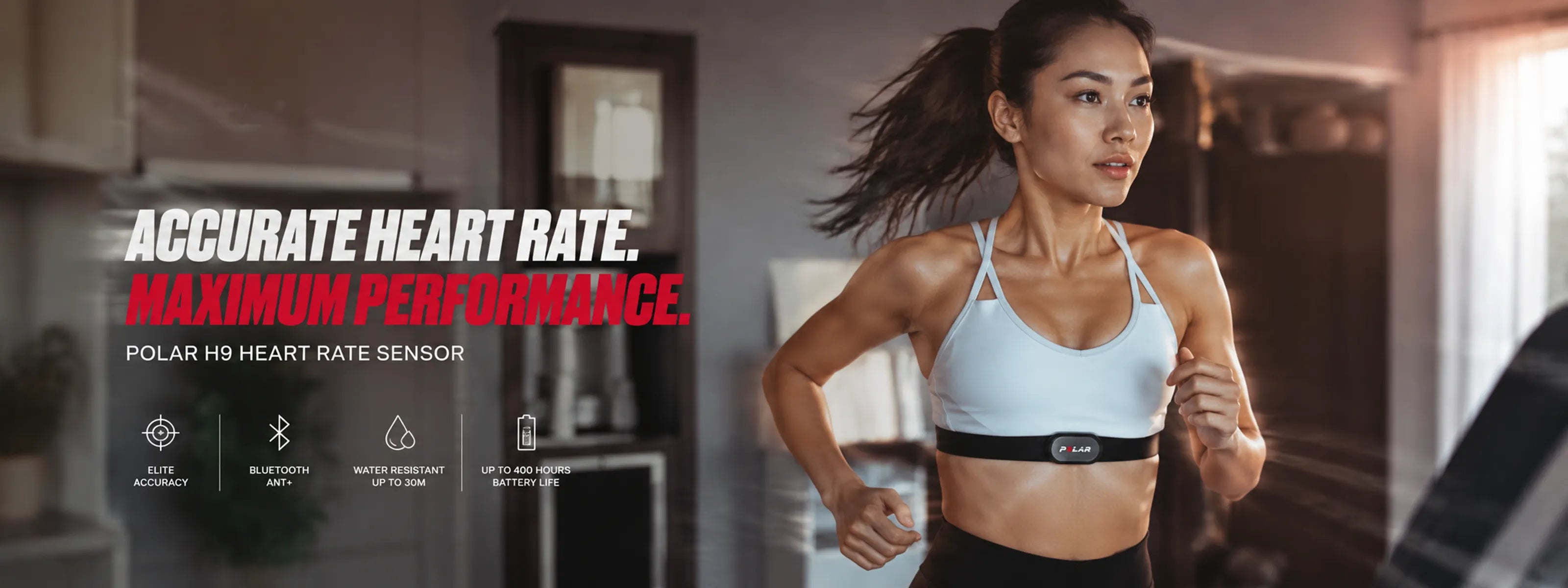 Woman running on a treadmill wearing a wireless heart rate sensor chest strap | Polar Philippines
