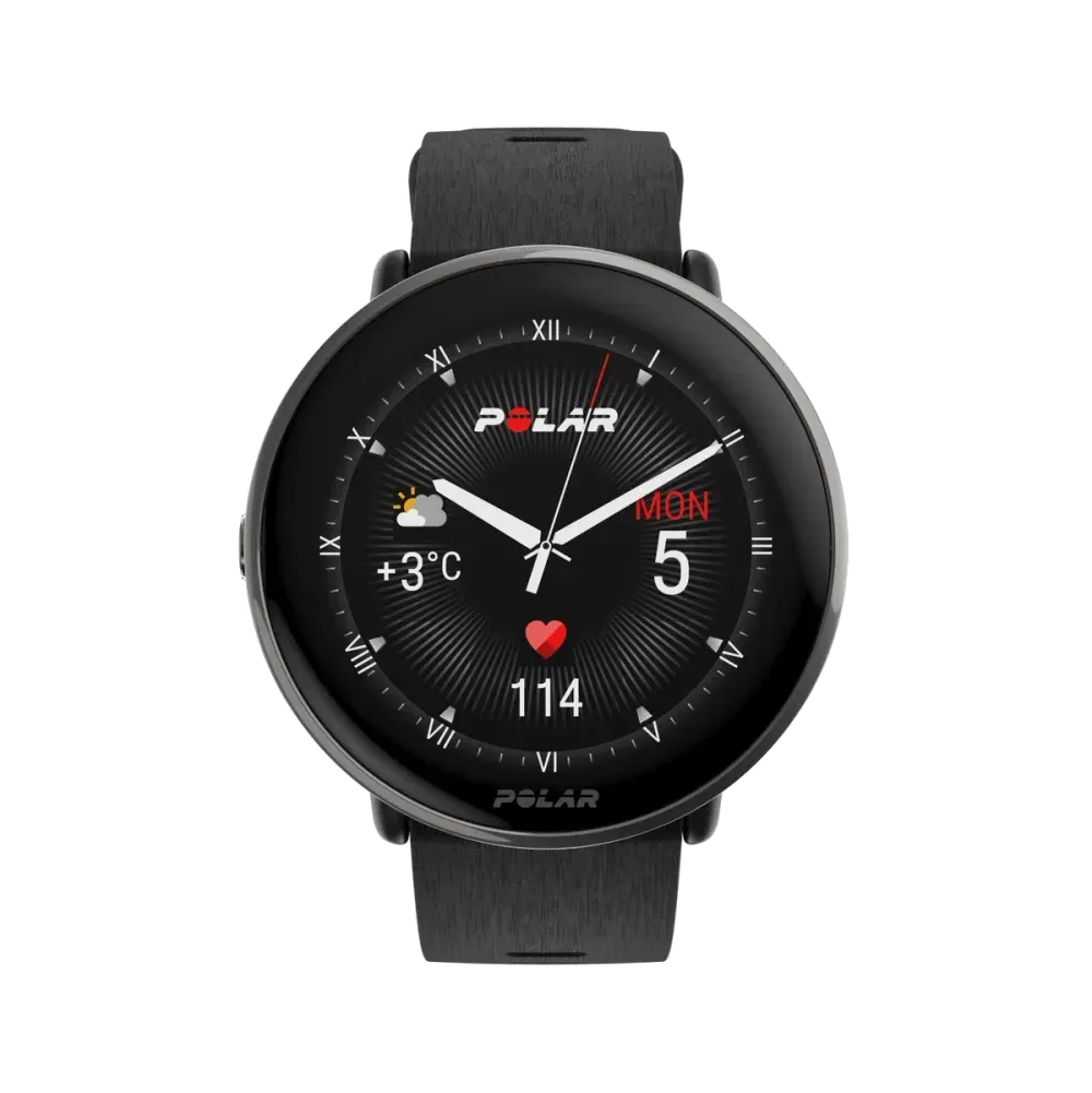 Front view of a smartwatch with analog watch face and health metrics | Polar Philippines