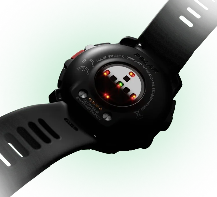 Back view of a black smartwatch showcasing sensor details on a clean black background | Polar Philippines