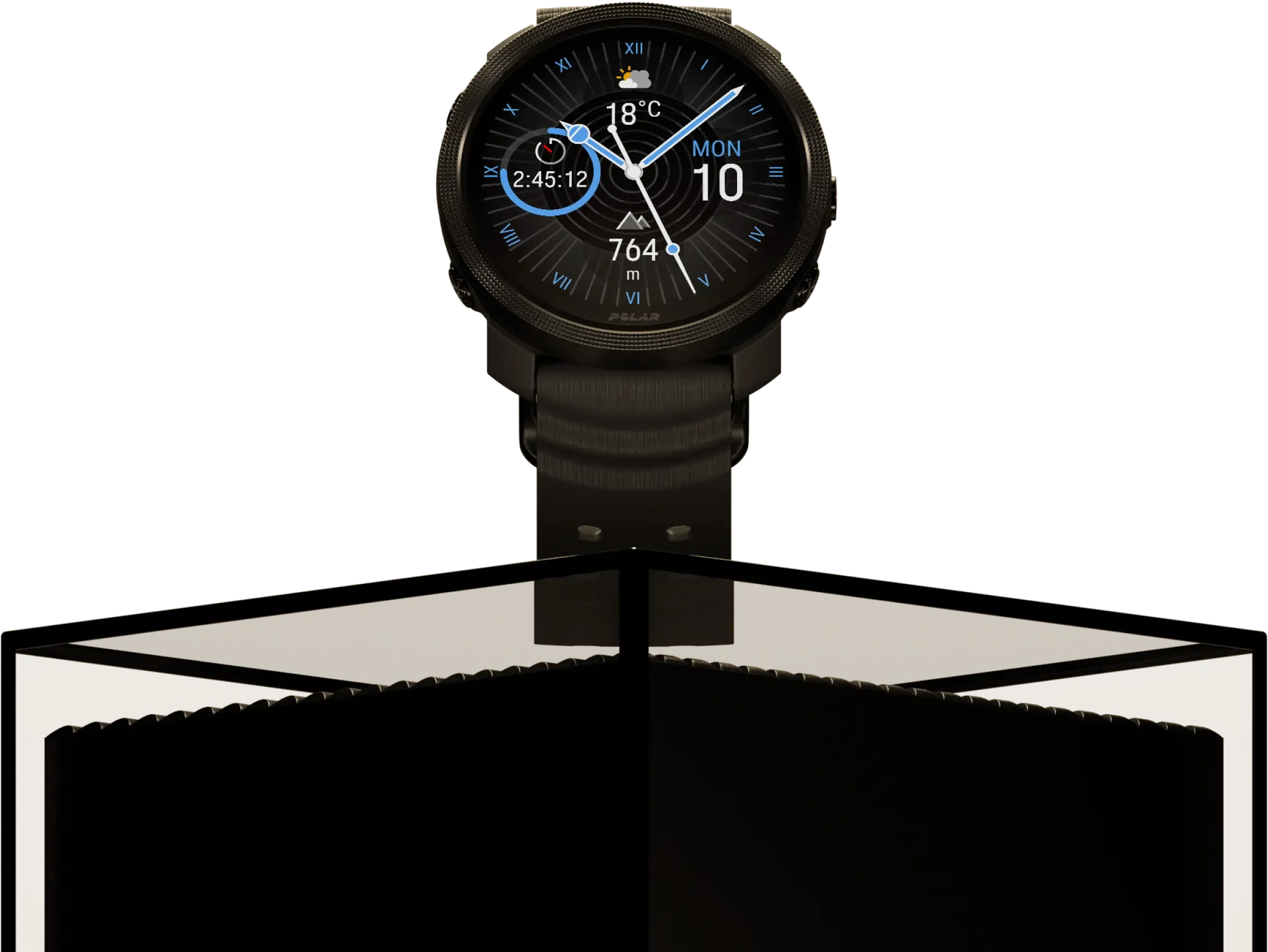 Smartwatch with analog watch face displayed above geometric pedestal | Polar Philippines