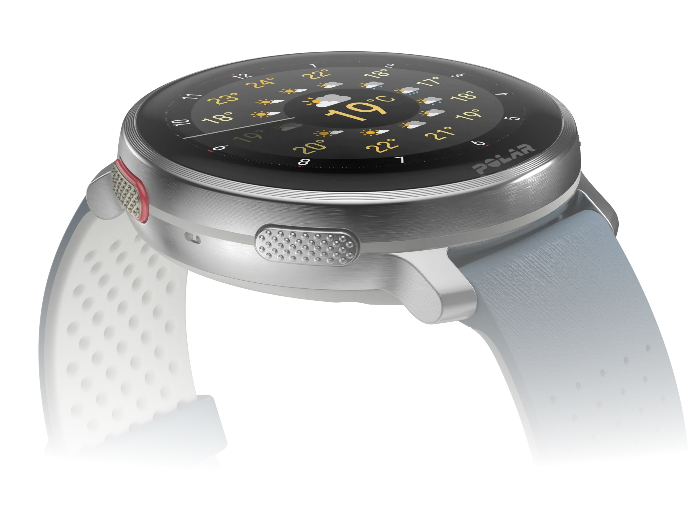 Smartwatch displaying weather widget with textured buttons and dual-tone strap | Polar Philippines