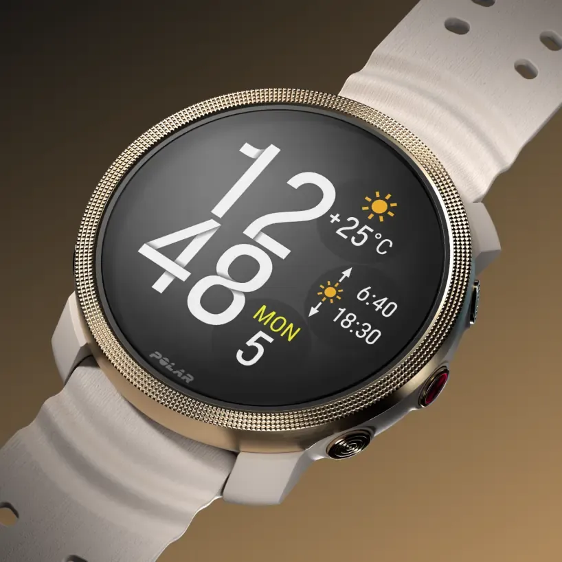 Smartwatch with weather display and white strap on warm backdrop | Polar Philippines