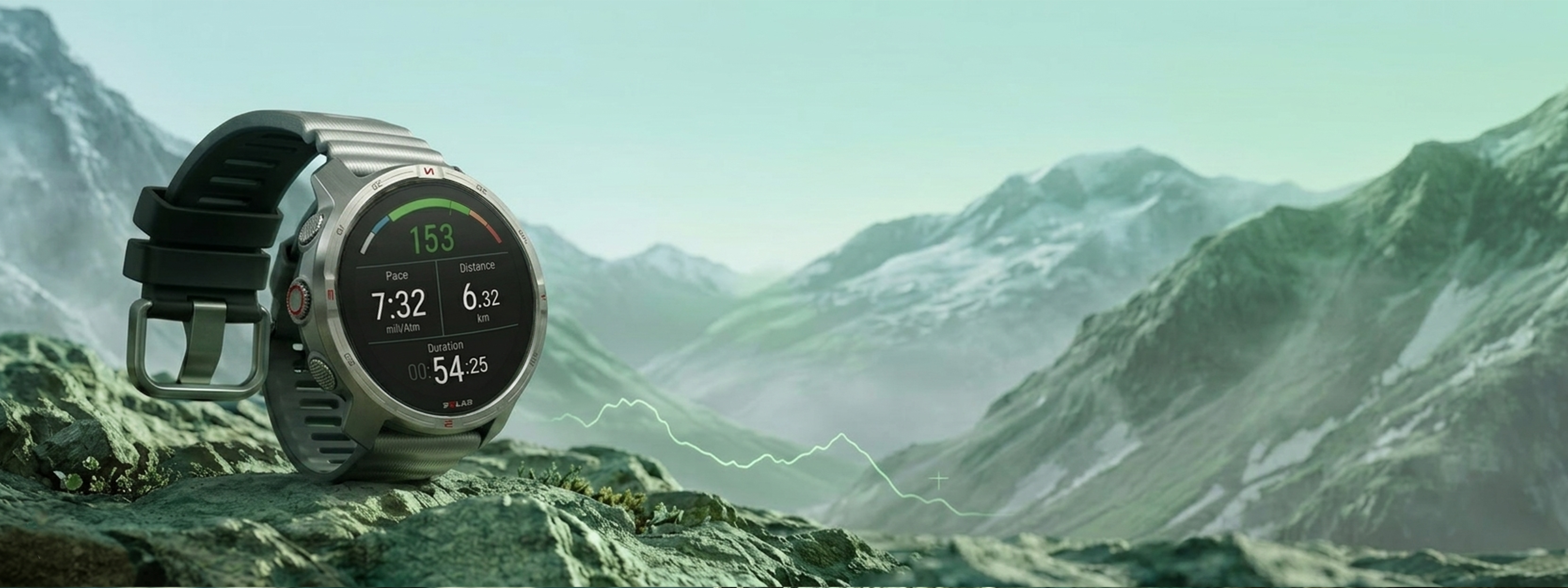 Rugged outdoor GPS sports watch displaying metrics against a scenic mountain range | Polar Philippines