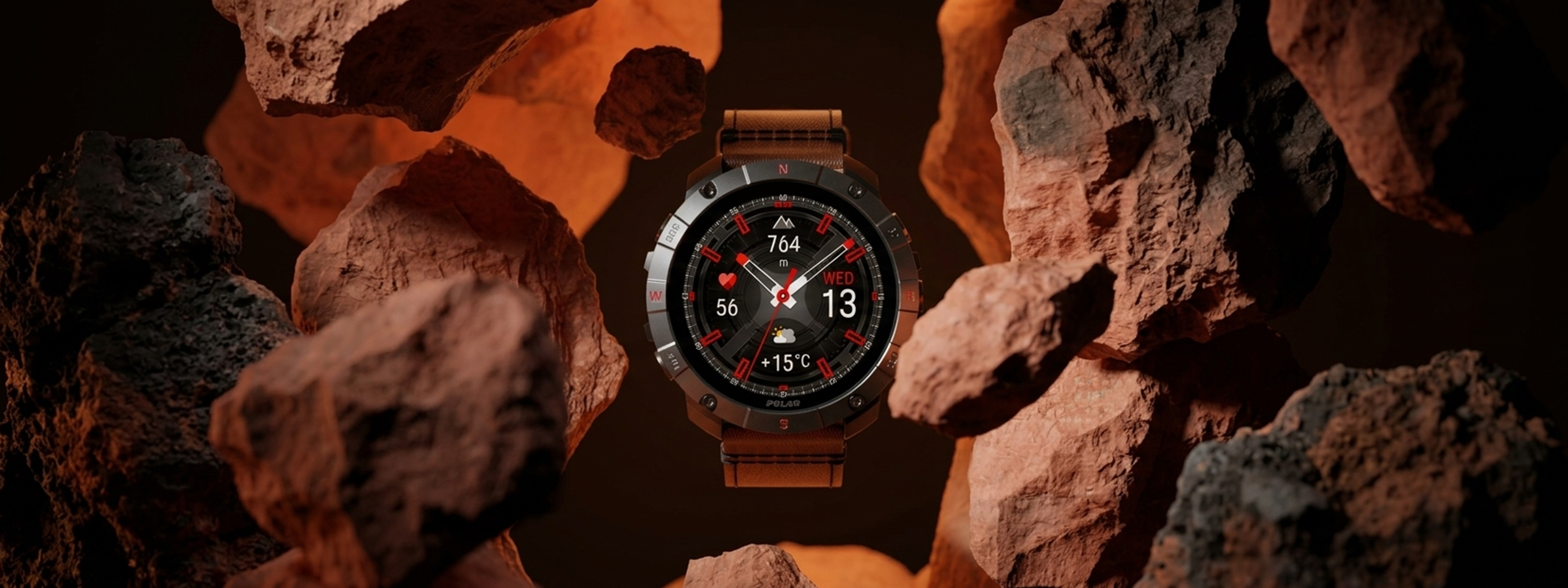 Rugged smartwatch surrounded by floating rocks | Polar Philippines